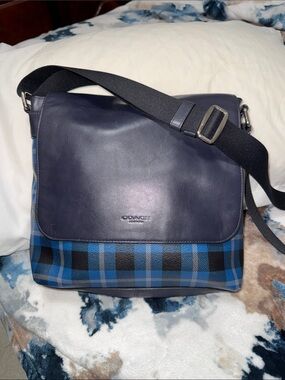 Coach Navy and Blue Plaid Leather Messenger Bag